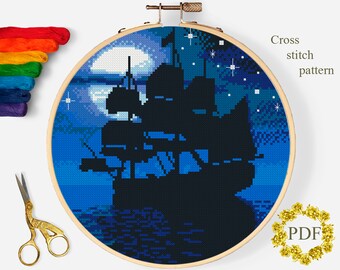 Voilier moderne point de croix motif PDF, paysage de mer compté tableau de point de croix, bleu Nature, océan, lune, broderie, téléchargement numérique