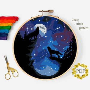 Landscape Modern Cross Stitch Pattern PDF, Wolf Counted Cross Stitch Chart, Animals, Starry Night Sky, Nature Embroidery, Digital Download