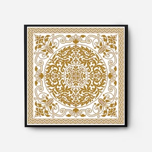 May include: A gold and white framed square print with a detailed, intricate, symmetrical pattern of stylized floral motifs. The pattern is in a gold color and is set against a white background.