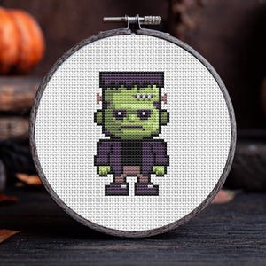 May include: A cross-stitch embroidery of Frankenstein's monster in a wooden hoop. The monster is green with black hair and a purple jacket. The background is blurred, with a pumpkin visible on the left.