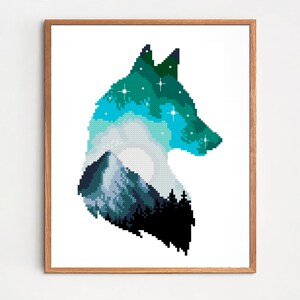 May include: Cross stitch pattern of a wolf silhouette with a mountain and forest scene inside. The wolf is outlined in blue, green, and black, with a starry sky inside.