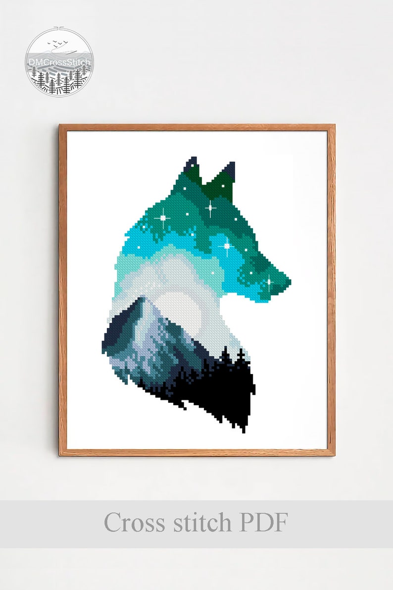 May include: Cross stitch pattern of a wolf silhouette with a mountain and forest scene inside. The wolf is outlined in blue, green, and black, with a starry sky inside.