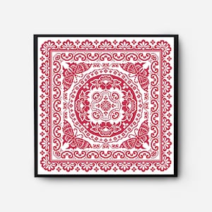 May include: A red and white cross-stitch pattern with a central mandala design surrounded by four butterflies. The pattern is framed in black.