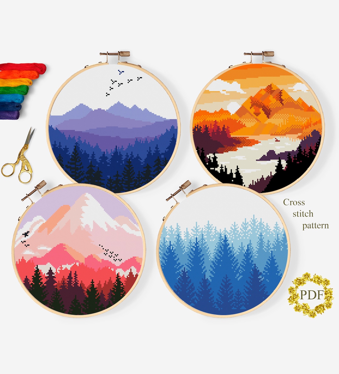 Set Nature Modern Cross Stitch Pattern PDF, Landscape Counted Cross ...