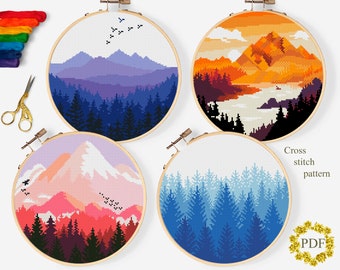 Set Nature Modern Cross Stitch Pattern PDF, Landscape Counted Cross Stitch Chart, Mountains, Forest, River, Hoop Embroidery Digital Download