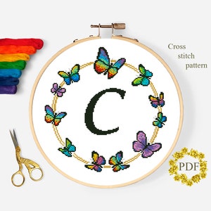 Monogram Baby Modern Cross Stitch Pattern PDF, Letter C Counted Cross Stitch Chart, Butterfly, Nursery, Hoop Art Embroidery Digital Download