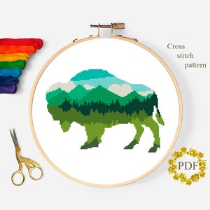 Bison Silhouette Modern Cross Stitch Pattern PDF, Animal Counted Cross Stitch Chart, Nature, Mountain Landscape, Forest, Digital Download