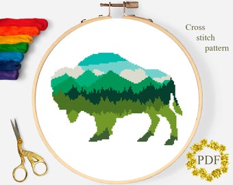 Bison Silhouette Modern Cross Stitch Pattern PDF, Animal Counted Cross Stitch Chart, Nature, Mountain Landscape, Forest, Digital Download