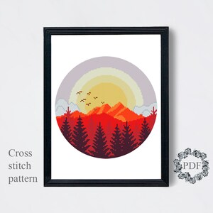 Landscape Modern Cross Stitch Pattern PDF, Sunset Counted Cross Stitch ...