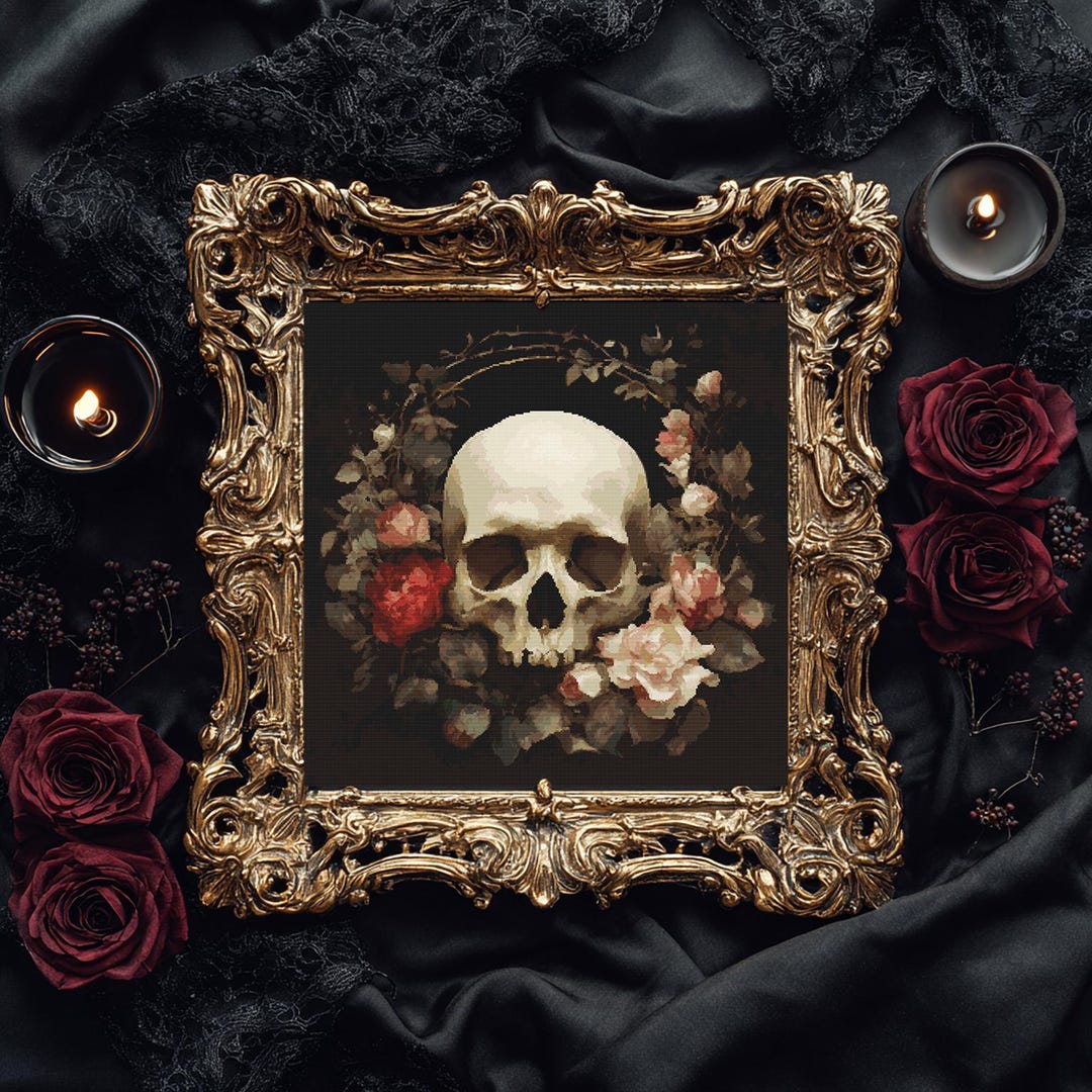 Skull Gothic Cross Stitch Pattern PDF Floral Halloween Cross Stitch ...