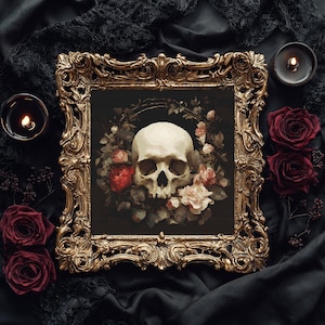 Skull Gothic Cross stitch pattern PDF Floral Halloween cross stitch Medieval Skeleton Rose cross stitch Witchy Horror embroidery Spooky