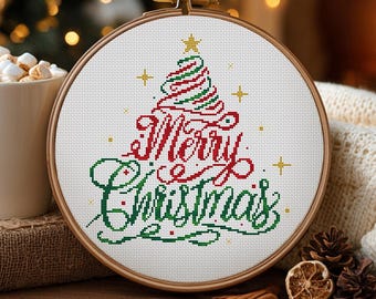 May include: A cross-stitch embroidery hoop featuring a Christmas tree design with the words "Merry Christmas" in red and green. The tree has red and green stripes, and a gold star on top. The hoop is set against a cozy background.