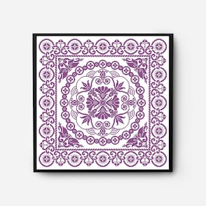 May include: A purple and white cross-stitch pattern with a square design featuring intricate floral and geometric motifs. The pattern is framed in a black frame.