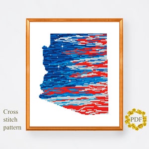 Arizona State Karte Modernes Kreuzstichmuster PDF, Amerikanische Flagge Kreuzstichvorlage, Sterne, Vaterländische Stickerei, digitaler Download