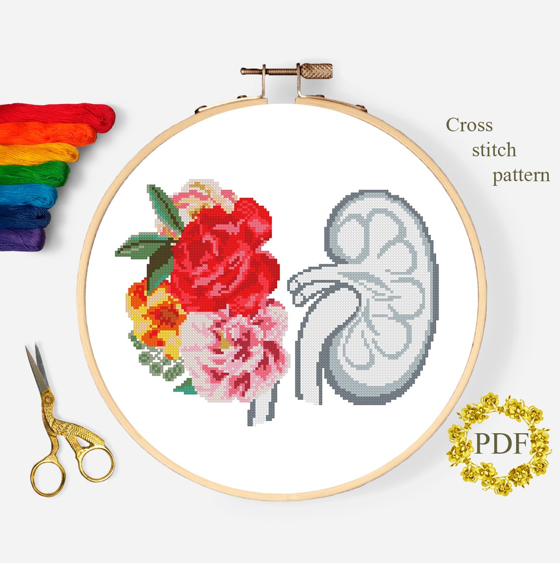 Kidneys Floral Modern Cross Stitch Pattern PDF Anatomy Human Etsy