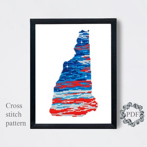 New Hampshire State Map Modern Cross Stitch Pattern PDF, Flag America Counted Cross Stitch Chart, Patriotic Embroidery, Digital Download PDF