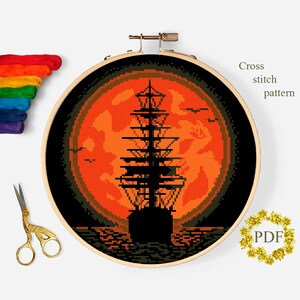 Sea Landscape Modern Cross Stitch Pattern PDF, Sailboat Counted Cross Stitch Cart, Nature, Moon, Ship, Hoop Art Embroidery, Digital Download