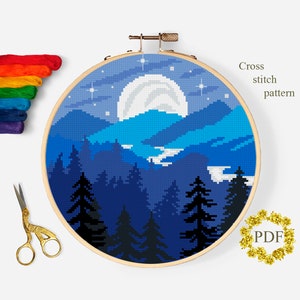 Berge modernes Kreuzstichmuster PDF, Landschaft Kreuzstichvorlage, Natur, Wald, Sterne, Mond, Stickerei, digitaler Download