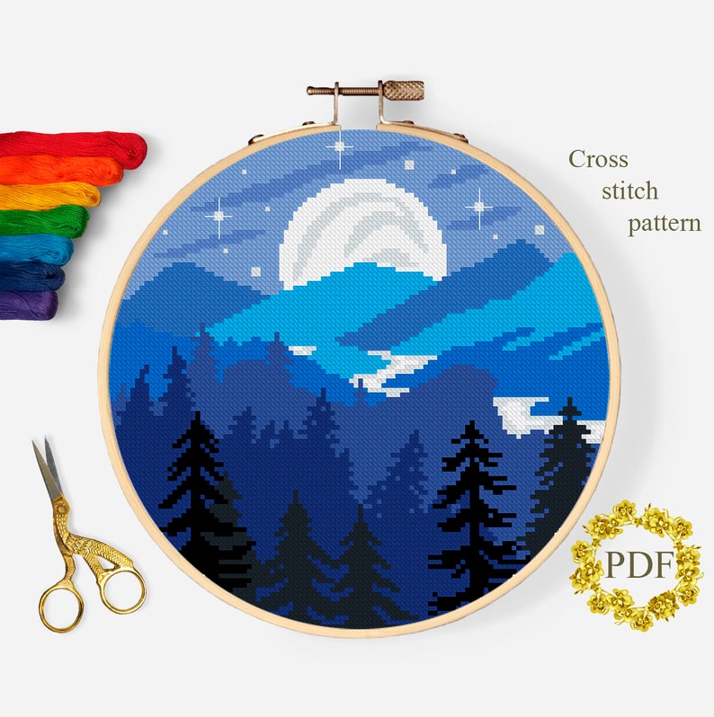 Mountains Modern Cross Stitch Pattern PDF Moon Counted