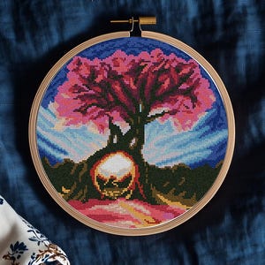 Landscape Modern Cross Stitch Pattern PDF, Tree Sakura Counted Cross Stitch Chart, Sunrise Tree, Sunset, Hoop Embroidery, Digital Download