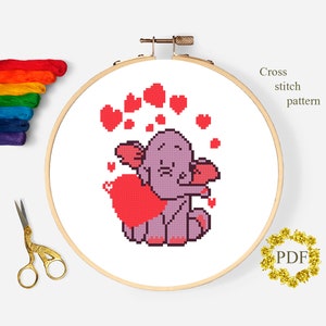 Padrão de ponto cruz moderno de elefante PDF, gráfico de ponto cruz contado de animais, bebê, dia dos namorados, amor, bordado, download digital PDF