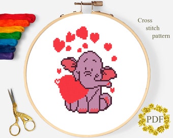 Elephant Modern Cross Stitch Pattern PDF, Animal Counted Cross Stitch Chart, Baby, Valentines Day, Love, Embroidery, Digital Download PDF