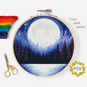 Landscape Modern Cross Stitch Pattern PDF, Moon Counted Cross Stitch Chart, Nature, Stars, Forest, River, Hoop Embroidery, Digital Download image 1