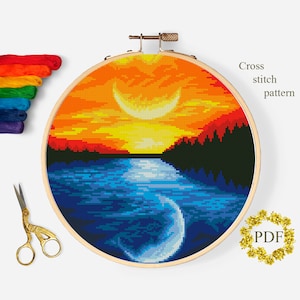 Sunset Modern Cross Stitch Pattern PDF, Landscape Counted Cross Stitch Chart, Nature, Forest, River, Moon, Hoop Embroidery, Digital Download