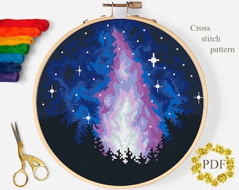 Northern Lights Modern Cross Stitch Pattern PDF, Landscape Counted Cross Stitch Chart, Starry Night Sky, Nature Embroidery, Digital Download