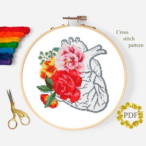 Floral Heart Modern Cross Stitch Pattern PDF, Anatomical Human Counted Cross Stitch Chart, Medical, Flower Rose, Embroidery Digital Download