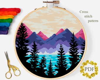 Landscape Modern Cross Stitch Pattern PDF, Mountains Counted Cross Stitch Chart, Nature, River, Forest, Hoop Embroidery, Digital Download