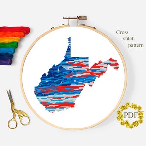 Carte de l'état de Virginie-Occidentale, motif PDF moderne au point de croix, drapeau américain, tableau au point de croix compté, broderie patriotique, téléchargement numérique