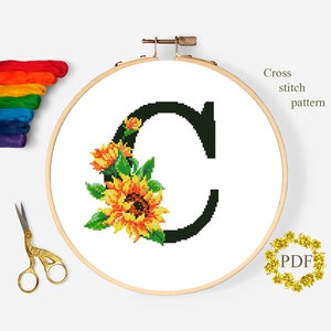Letra C Modern Cross Stitch Pattern PDF, Monograma Floral Contado Cross Stitch Chart, Flor Girassol, Bordado Ucrânia, Download Digital