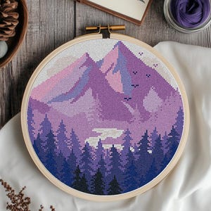 Mountains Modern Cross Stitch Pattern PDF, Lavender Landscape Counted Cross Stitch Chart, Nature, Forest, Hoop Embroidery, Digital Download image 9