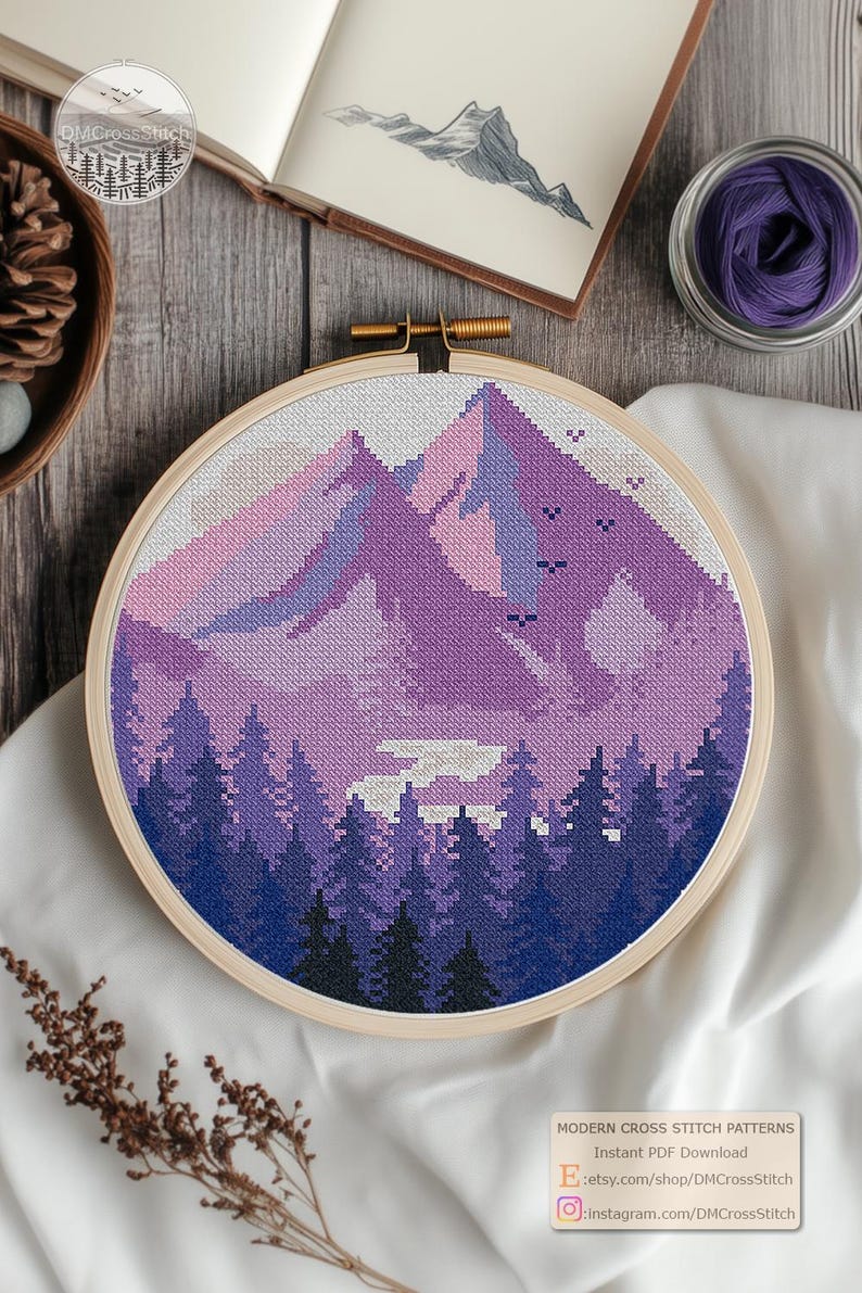 Mountains Modern Cross Stitch Pattern PDF, Lavender Landscape Counted Cross Stitch Chart, Nature, Forest, Hoop Embroidery, Digital Download image 9