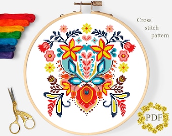 Scandinavian Folk Art Modern Cross Stitch Pattern PDF, Flowers Counted Cross Stitch Chart, Nature, Floral, Hoop Embroidery, Digital Download
