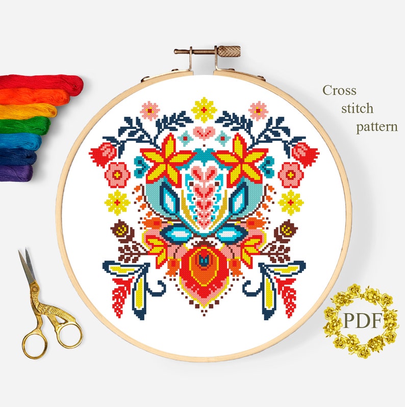 Folk Art Cross Stitch Pattern Modern Flower Cross Stitch | Etsy