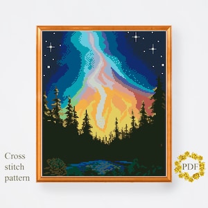 Landscape Modern Cross Stitch Pattern, Northern Lights Counted Cross Stitch Chart, Nature, Starry Night Sky, Hoop Embroidery, Download PDF