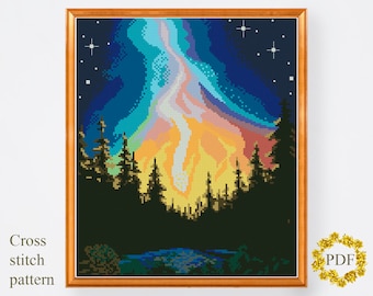 Landscape Modern Cross Stitch Pattern, Northern Lights Counted Cross Stitch Chart, Nature, Starry Night Sky, Hoop Embroidery, Download PDF