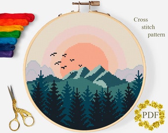 Mountains Modern Cross Stitch Pattern PDF, Landscape Counted Cross Stitch Chart, Nature, Sunset, Forest, Hoop Embroidery, Digital Download