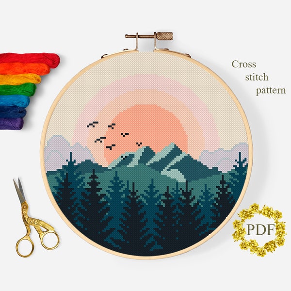 Mountains Modern Cross Stitch Pattern PDF, Landscape Counted Cross Stitch Chart, Nature, Sunset, Forest, Hoop Embroidery, Digital Download