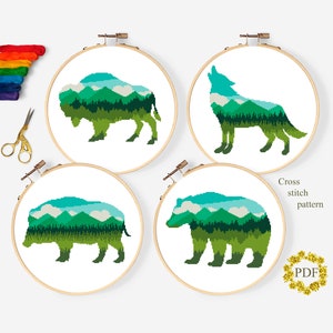 Set Tiere Modern Kreuzstichmuster, Grüne Berglandschaft Kreuzstichvorlage, Zählvorlage, Natur, Bison, Wolf, Bär, Wildschwein, Download PDF