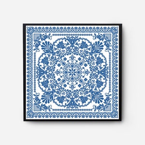 Folk Sampler Modern Cross Stitch Pattern PDF, Monochromatic Flowers Counted Cross Stitch Chart, Pillow, Carpet Embroidery, Digital Download