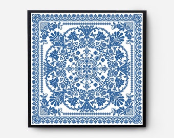 Folk Sampler Modern Cross Stitch Pattern PDF, Monochromatic Flowers Counted Cross Stitch Chart, Pillow, Carpet Embroidery, Digital Download