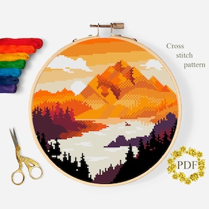 Kreuzstich Stickvorlage PDF, Berge gezählt, Kreuzstichvorlage, Landschaft, Fluss, Wald, Stickbild, digitaler Download