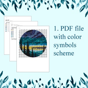Op de afbeelding: Een PDF-bestand met een kleurensymboolschema voor een kruissteekpatroon van een nachtelijke hemel met een meer en bomen. Het patroon is in een cirkel.