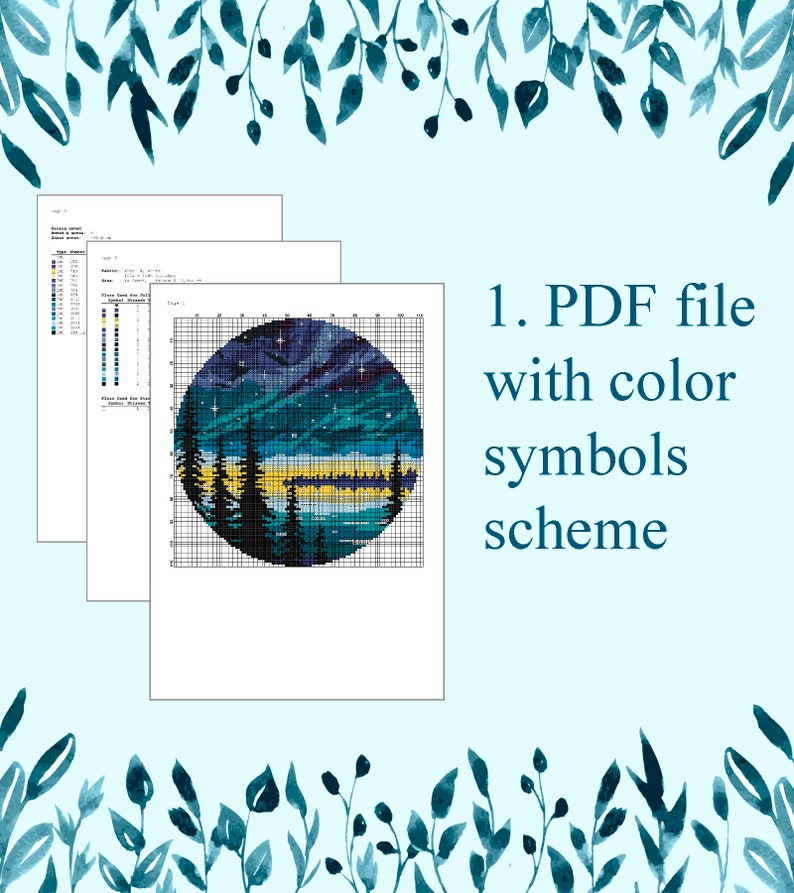 Op de afbeelding: Een PDF-bestand met een kleurensymboolschema voor een kruissteekpatroon van een nachtelijke hemel met een meer en bomen. Het patroon is in een cirkel.