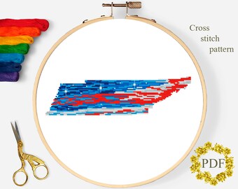 Patrón de punto de cruz moderno del estado de Tennessee PDF, mapa de EE. UU. Gráfico de punto de cruz contado, bandera estadounidense, bordado patriótico, descarga digital
