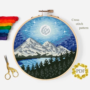 Berglandschaft moderne Kreuzstichvorlage PDF, Sterne gezählt Kreuzstichvorlage, Natur, Mond, Fluss, Baum, Stickerei digitaler Download
