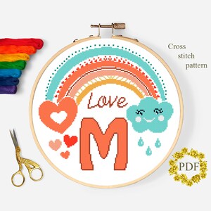 Letter M Modern Cross Stitch Pattern PDF, Monogram Baby Counted Cross Stitch Chart, Boho Rainbow, Kids, Love, Embroidery, Digital Download